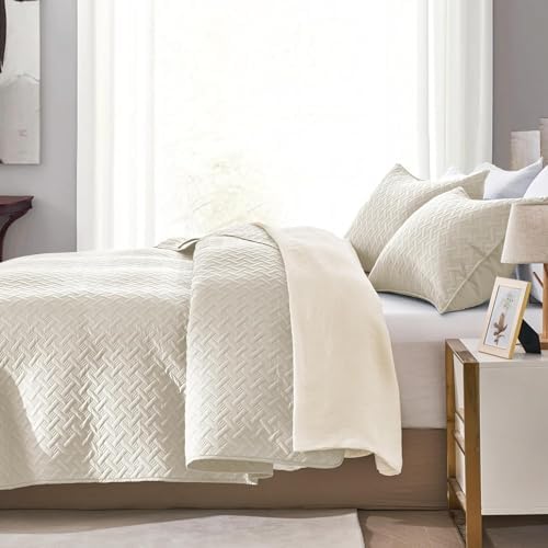 FLYMME Quilts King Size,Lightweight Cream Bedspreads,Basket Weave