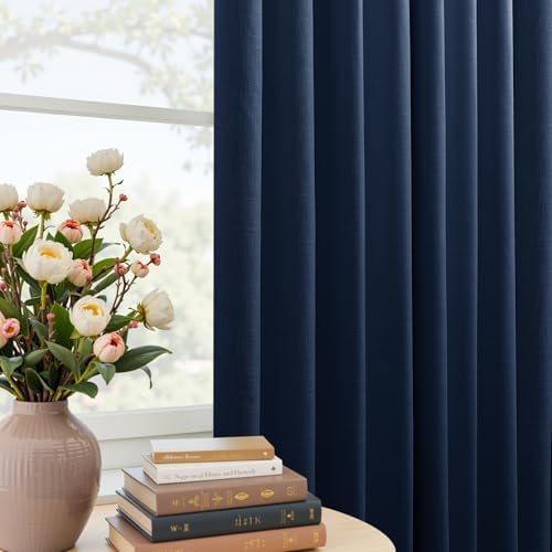 Mrs.Naturall Navy Blue Pinch Pleated Linen Blackout Curtains 84 Inch