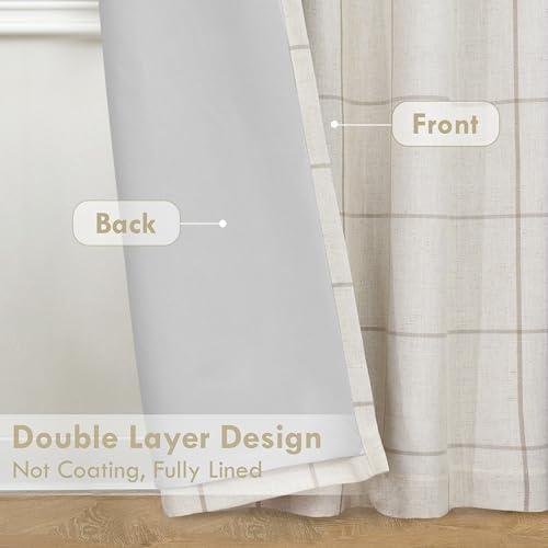 DriftAway 100% Blackout Plaid Linen Curtains 108 Inches Long 2 Panels