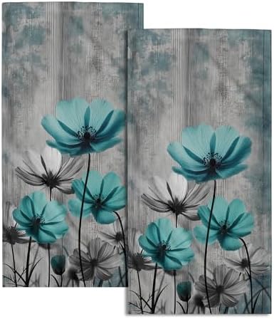 Teal Gray Floral Decorative Hand Towels for Bathroom Rustic Flower