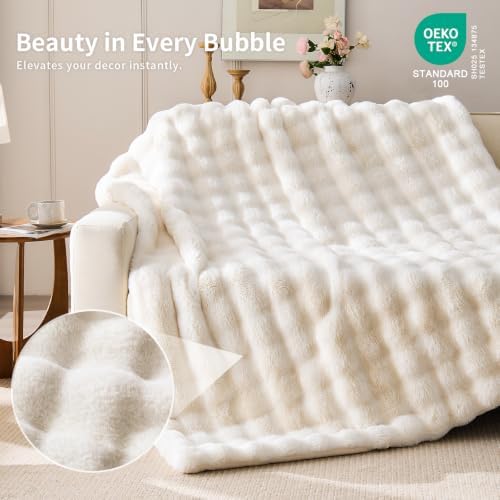 IFNOW Cozy Faux Rabbit Fur Bubble Blanket King Size,Cream,108"x90"