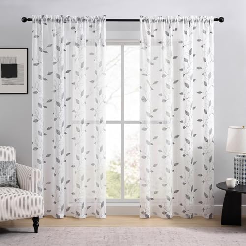 Grey on White Sheer Curtains 96 Inches Long 2 Panels for Living Room