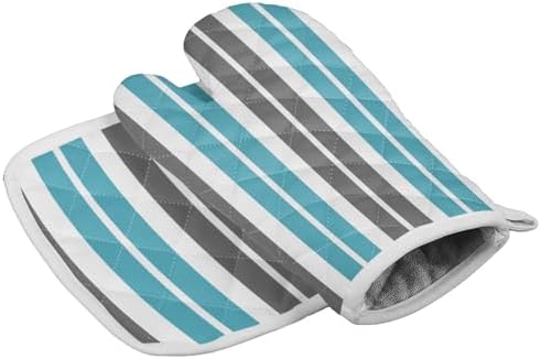 Quilted Cotton Terry Cloth Oven Mitt, Pot Holder Gray Blue Stripes