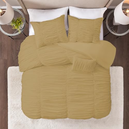 BedDecor 3 Piece Ruched Pattern Duvet Set with Zipper & Corner Ties
