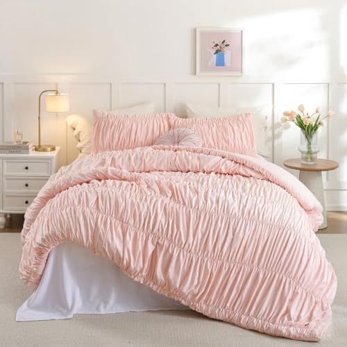 weigelia Blush Pink Ruched Comforter Set Queen Size, Cute Girls