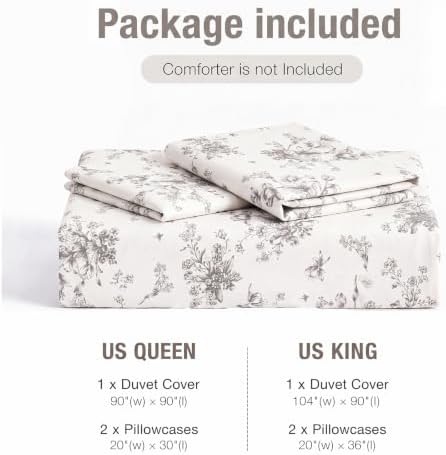 Bedbay 100% Cotton Duvet Cover Queen Size, Soft Grey Floral Duvet