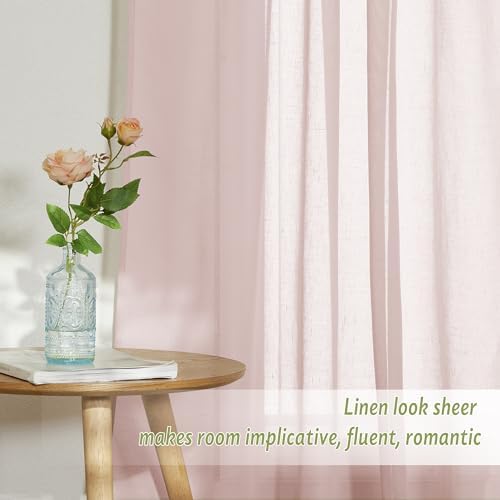 PONY DANCE Linen Textured Sheer Curtains, 52W x 96L, Dusty Blush, 2