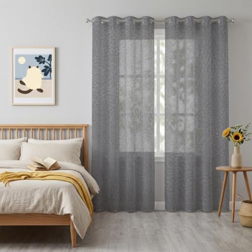 Gray Grain Texture Sheer Curtains 63 Inch Long 2 Panels, Vintage