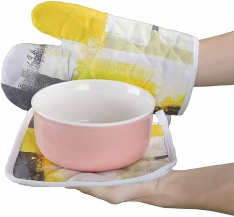 Quilted Cotton Terry Cloth Oven Mitt, Pot Holder Yellow Gray White