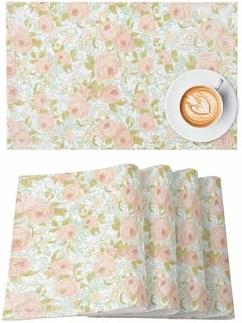 Beige Flowers Placemats for Dining Table Set of 4, Farmhouse Botanical