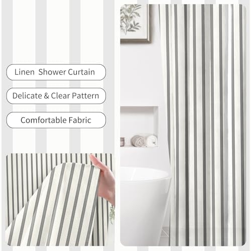Grey Beige Striped Linen Cotton Waterproof Shower Curtain 60" W x 72"