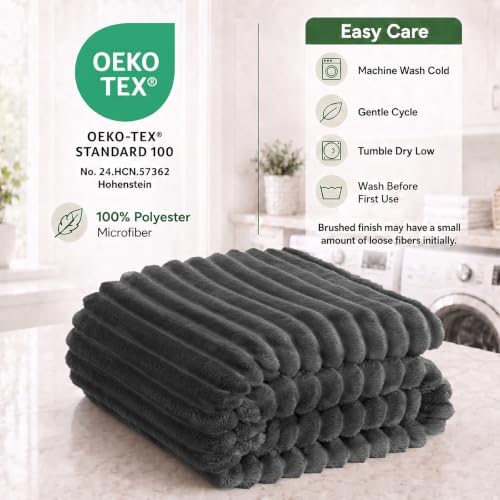 HIMEET Charcoal Grey Queen Blanket for Bed, 300GSM Ribbed Fleece, 90 x