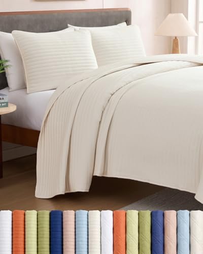Quilt Set King Size - Boho Bed Set, Striped Stitch - Cream, 106" x 96"