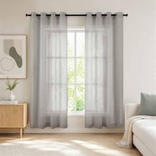 Grey Sheer Curtains 63 Inch Length for Girls Room Set 2 Panels Grommet