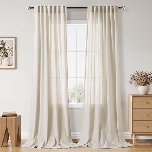 Extra Long Warm Beige Linen Curtains 120 Inch for Living Room 2 Panels