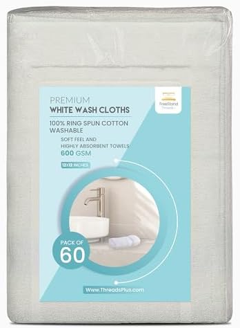 Threads+ 60 Pack White Wash Cloths, 100% Cotton, Soft & Absorbent
