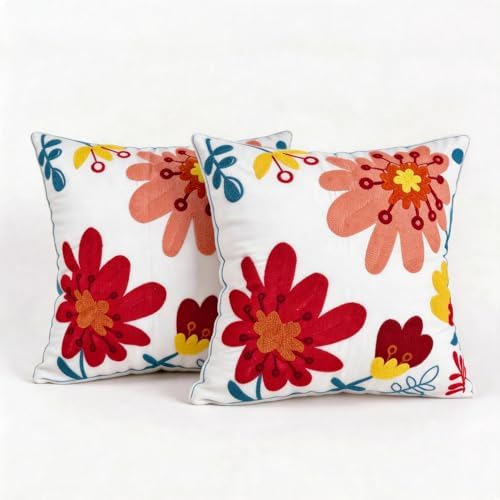 Decorative Throw Pillow Cover with Embroidered Floral Design, White