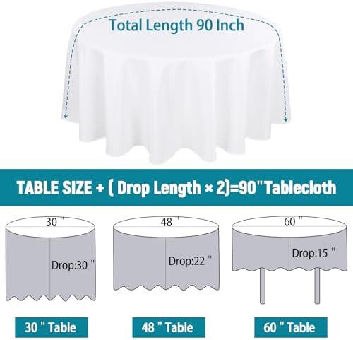 Kesfey 4 Packs White Round Table Cloths 90 Inch White Polyester Circle