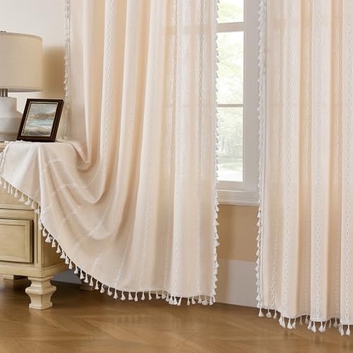 MitoVilla Cream Boho Farmhouse Living Room Curtains 63 Inch Length 2