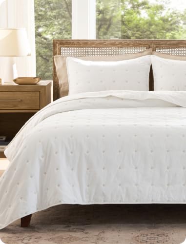 Bedsure PureWoven 100% Cotton Quilt Set Queen Size, Embroidery, White