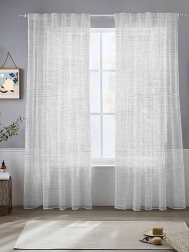 Vintage White Sheer Curtains 108 Inch Long, Linen Texture Farmhouse