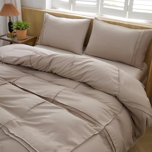 AiMay Duvet Cover Set Queen Size Pintuck Pleated Bedding Set 3 Pieces