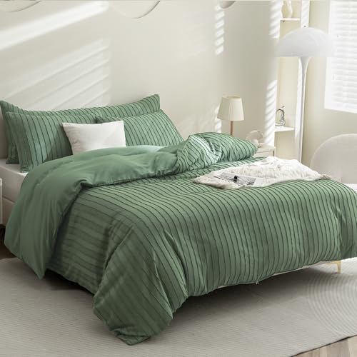 JELLYMONI Green Striped Tufted Duvet Cover Set California King Size