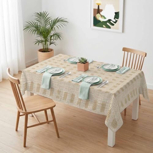 Beige Block on Linen Waterproof Tablecloth Rectangle Washable Table