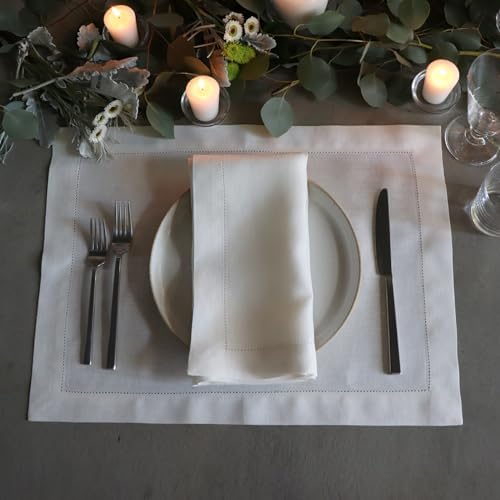 Huddleson Hemstitched Ivory Linen Placemat 15x20 (Set of Six) Luxury
