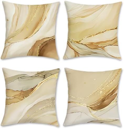 Bonhause Brown Gold Marble Texture Throw Pillow Covers 20x20 Inch Set