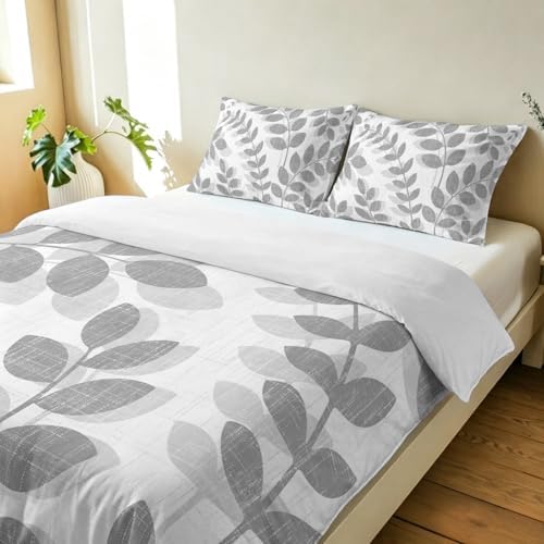 3 Pieces Bedding Set King Size, Gray Leaves Soft Duvet Covers Set with