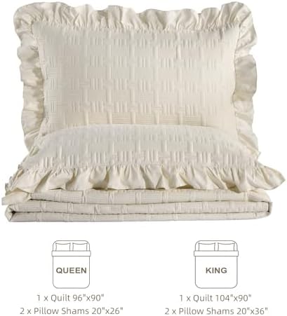 DJY King Size Quilt Bedding Sets, Beige Ruffled Bedspread Coverlet