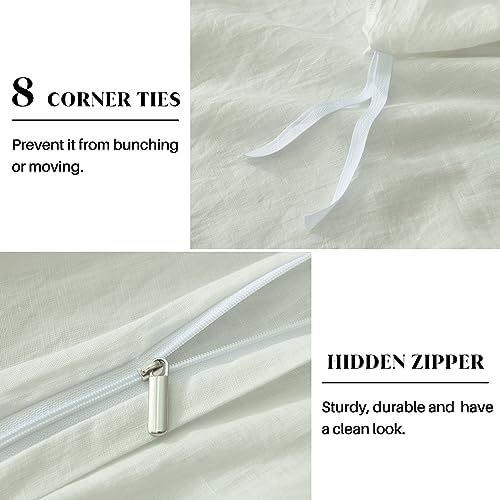 CozyDH 100% Linen Duvet Cover Set Queen Size, White, 3 Pieces