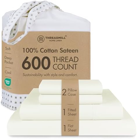 Threadmill 600 Thread Count Cotton King Sheet Set, Sateen, Ivory