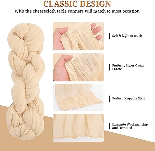 6 Pack Beige Cheesecloth Table Runners, 35x120 Inch
