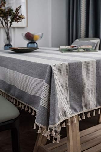Gray Cotton Square Tablecloth 70 W x 70 L, Stripes with Tassels Table