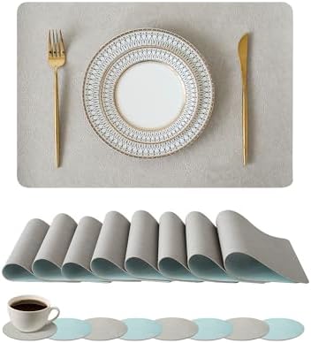 Reversible Faux Leather Placemats and Coasters Set of 16, 12x17 Inch