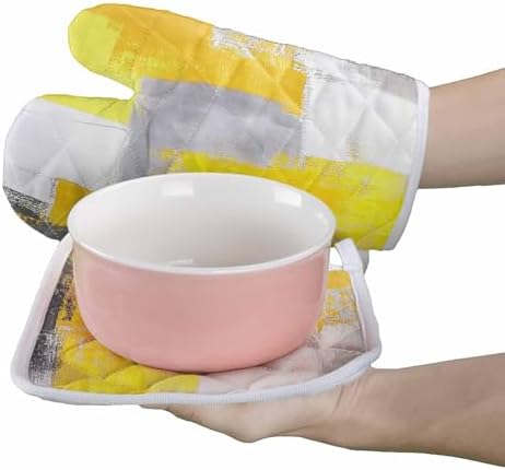 Quilted Cotton Terry Cloth Oven Mitt, Pot Holder Yellow Gray White