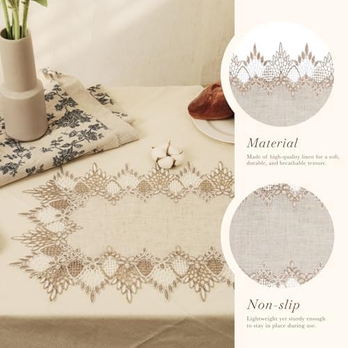 Phantomon Natural Linen Placemats Set of 2 – 13x20 Inch Beige Lace