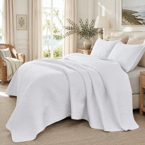 Brandream White Botanical Cotton Quilt Set King Floral Stitched Quilts