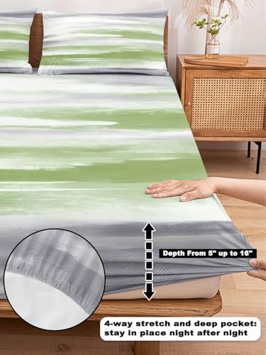 Sage Green Gray Full Fitted Sheet Set, Neutral Abstract White Ombre