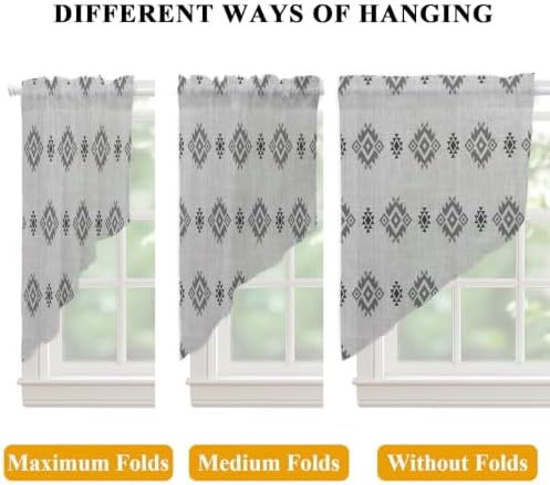Grey Boho Swag Curtains 45 Inch Length 2 Panels Set, Western Ethnic