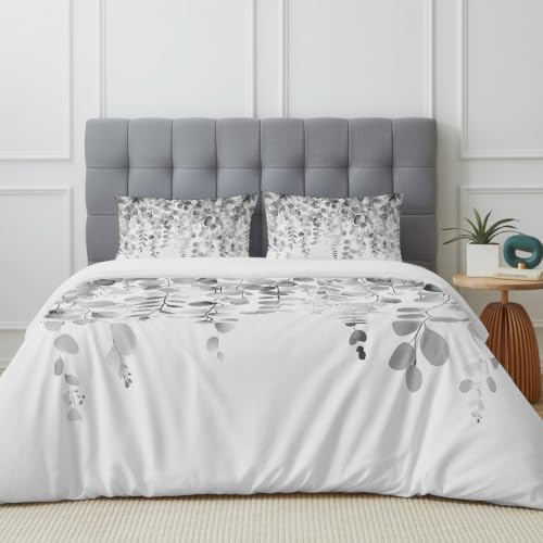 Farmhouse Gray Eucalyptus Leaves on White King Duvet Cover Set, Summer
