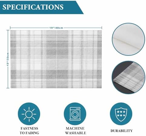 Grey Buffalo Plaid Placemats Set of 8, Cotton Linen Fabric Place Mats
