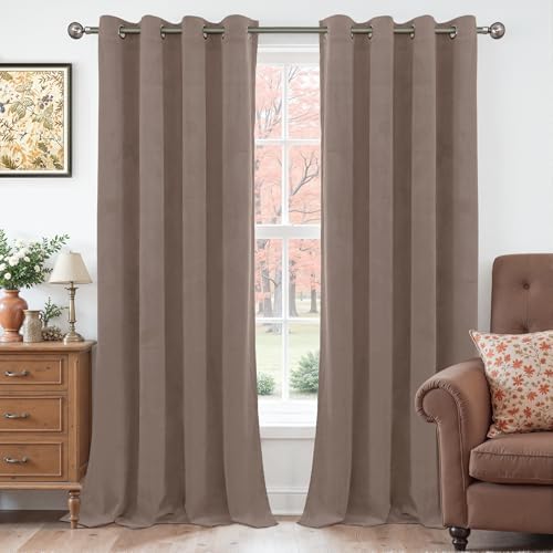 Taupe Velvet Blackout Curtains 84 Inch Length 2 Panels for Living Room