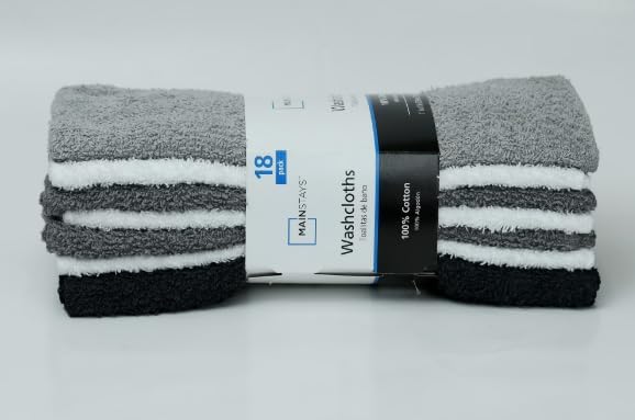 MAIN'STAYS 18 Pack Assorted Cotton Terry Thin Washcloths Rags - Grey