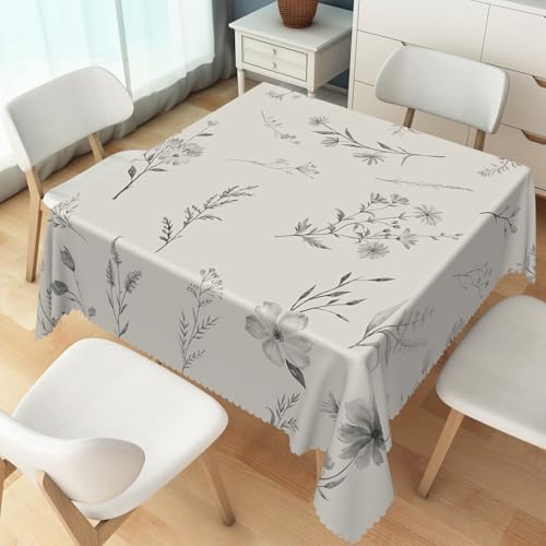 Gray Flowers Table Cloth 70x70 Inch Spring Summer Botanical Plants