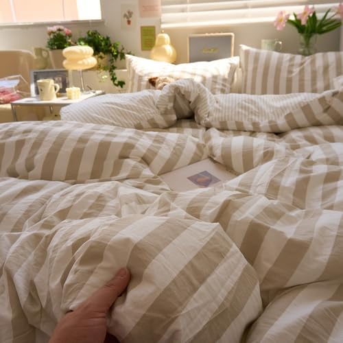 VM VOUGEMARKET Khaki Stripes Duvet Cover Set Queen Teens Boys Girls