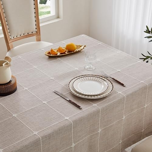 ZeeMart Grid Embroidered Rectangle Hemmed Tablecloths 52x70in, Taupe