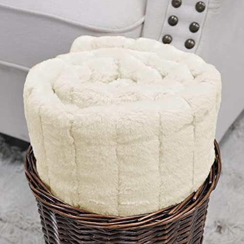 Stripe Faux Fur Throw Blanket with Sherpa Back, 50"x60", Cream Beige